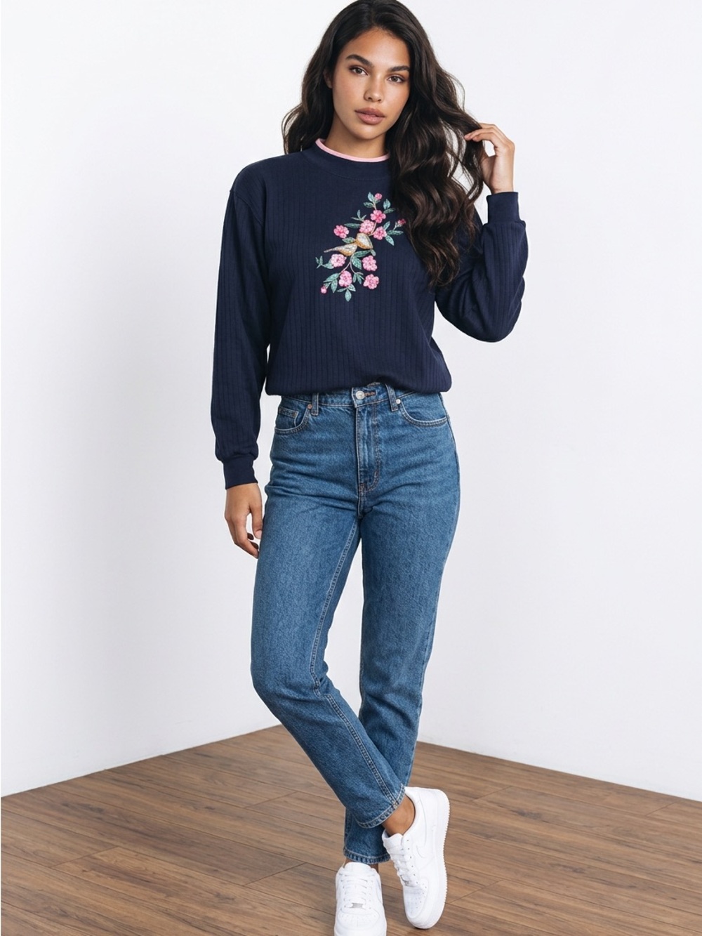 Vintage Bon Worth Navy Sweatshirt with Pink Floral Embroidery